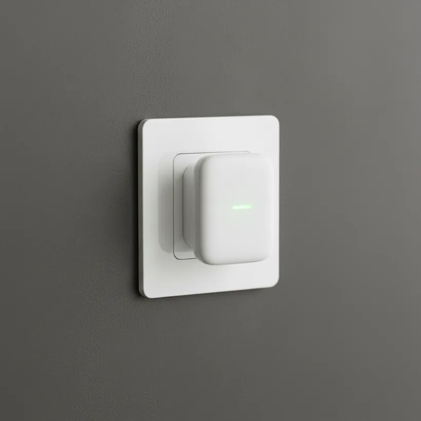 Close-up of the plug with its green indicator light