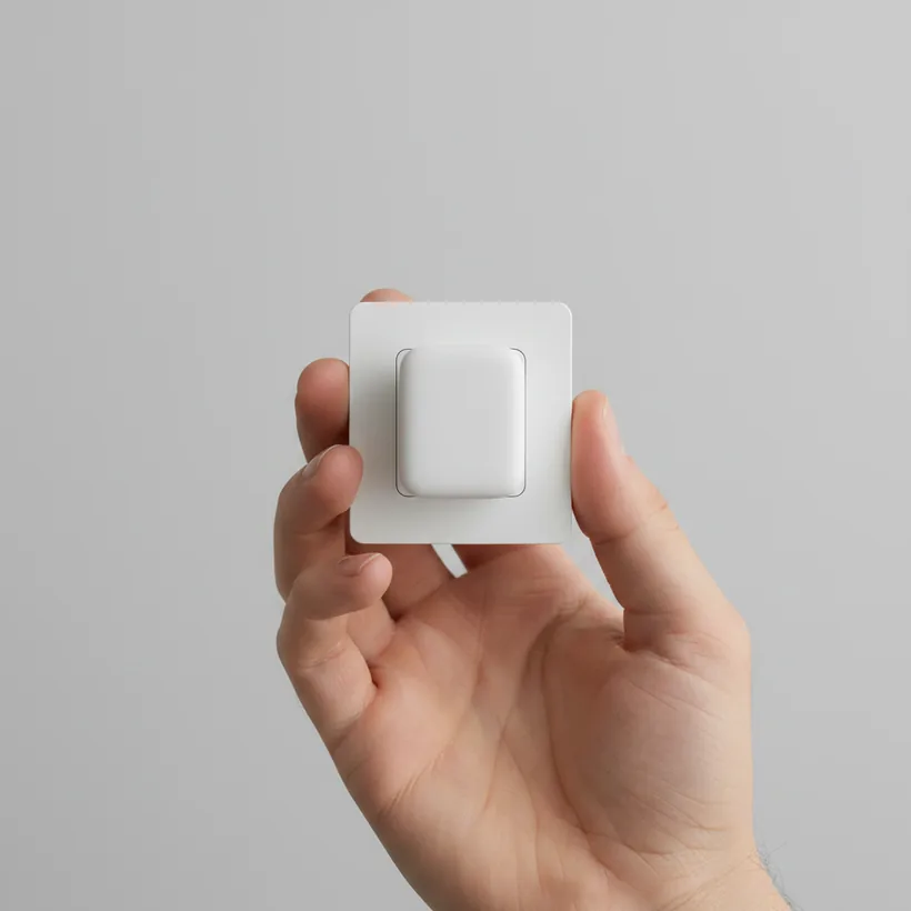 The compact plug held in a hand to show its size